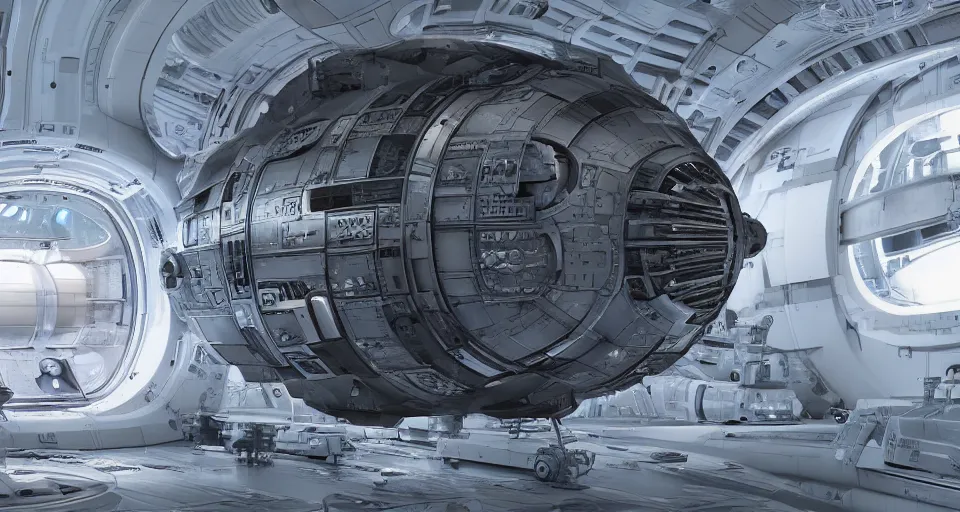 Prompt: a bulbous biomechanical gieger mri machine millennium falcon space-station Vuutun Palaa with massive piping inspired by a nuclear reactor submarine and maschinen krieger, ilm, beeple, star citizen halo, mass effect, starship troopers, elysium, iron smelting pits, high tech industrial, warm saturated colours