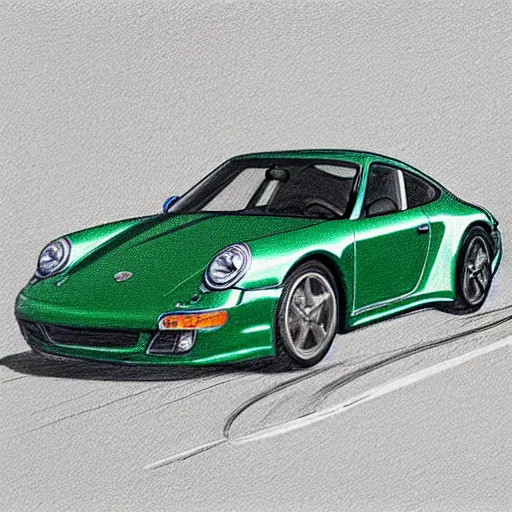 Prompt: detailed pencil sketch of green Signer 911 driving on highway three quarter view