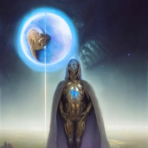 Image similar to masked nomad male wearing a cloak on an alien world and holding a holographic planet projection in his hand, detailed, sci - fi, digital painting, artstation, sharp focus, illustration, ominous, artgerm, tomasz alen kopera, peter mohrbacher, donato giancola, joseph christian leyendecker, wlop, frank frazetta