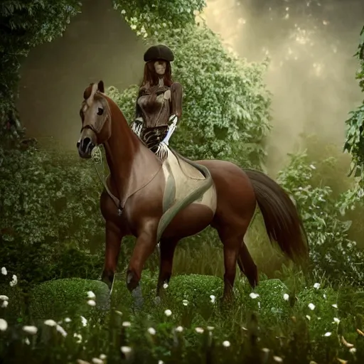 Prompt: Young woman sitting on horse skeleton covered with ivy, realistic render, unreal engine, 4k