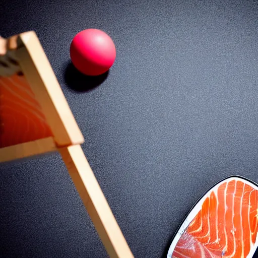 Image similar to raw salmon playing ping - pong, photograph, action shot