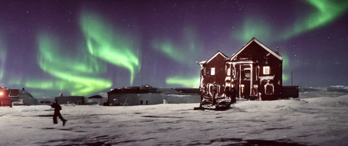 Image similar to filmic extreme wide shot movie still 4 k uhd exterior shot 3 5 mm film color photograph of a people running in terror around a village in the antarctic at night with the northern lights lighting up the sky and the buildings, in the style of the horror film the thing 1 9 8 2