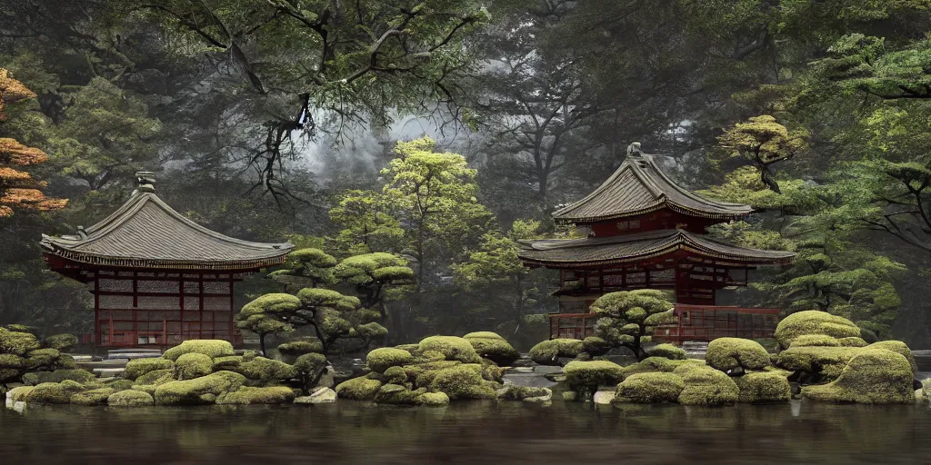 Image similar to a ancient japanese temple in the middle of a forest mear a small river, extremely highly detailed, high quality, 8K HDR, octane render, unreal engine 5, hyperrealistic, concept art, trending on Artstation, dramatic lighting, cinematic, high coherence, path tracing, ruins, clouds in the sky, singular building, centered