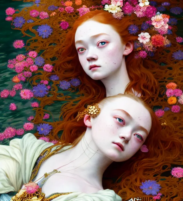 Image similar to sadie sink baroque portrait of one steampunk bohemian geisha woman of porceline skin lying down in a river made of thousand of flowers, cinematic lighting, photorealistic, octane render, 8 k, depth of field, art by artgerm and greg rutkowski and alphonse mucha and uang guangjian