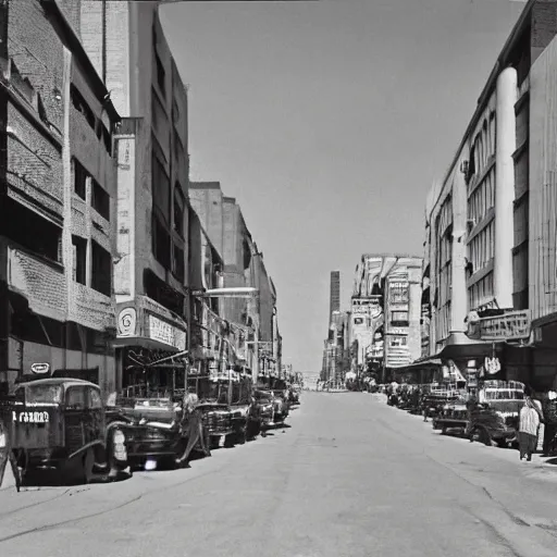 Image similar to old photograph of sci-fi city street