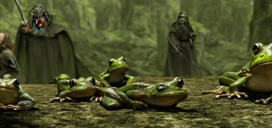 Prompt: lord of the rings with frogs, cinematic still, action shot, 8 k hdr