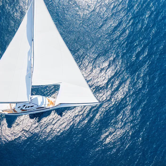 Image similar to an aerial perspective of a yacht sailing in a crystal clear ocean, photo - realistic, highly detailed