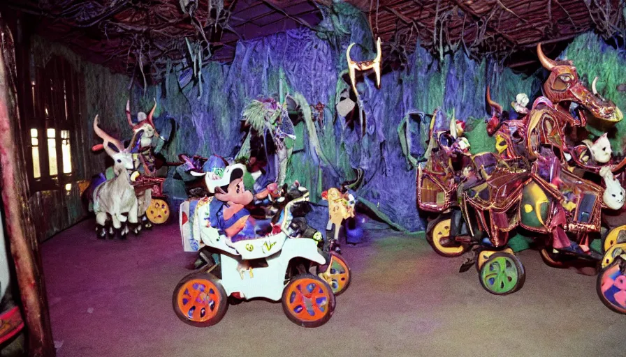 Image similar to 1990s photo of inside the Magic goats haunted house ride at Disney World in Orlando, Florida, children riding on robotic goats through a haunted house, cinematic, UHD