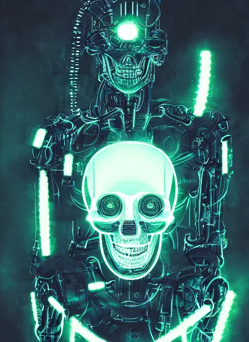 Image similar to 2 8 mm macro photo of metal skull with neon tubes half covered face with cybernetic enhancements as seen from a distance, scifi character portrait by greg rutkowski, canon 5 0 mm, film, photography, esuthio, craig mullins, 1 / 4 headshot, cinematic lighting, dystopian scifi gear, gloomy, profile picture, mechanical, half robot, implants, solarpunk