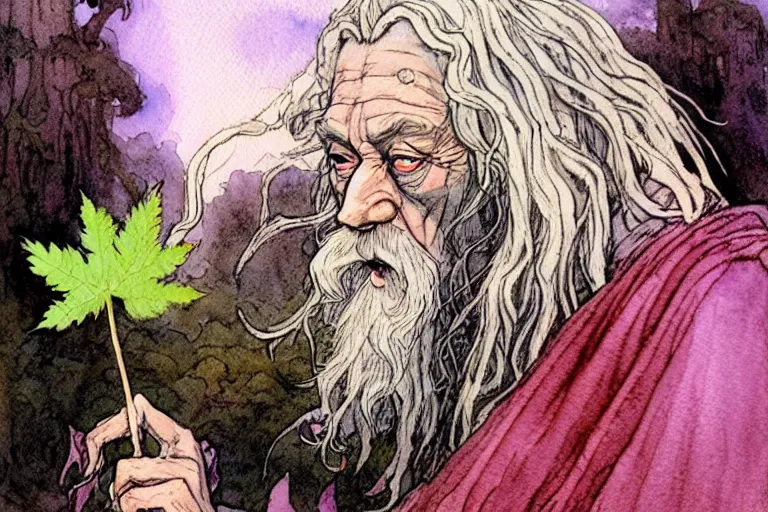 Image similar to a realistic and atmospheric watercolour fantasy character concept art portrait of gandalf with pink eyes freaking out with a pot leaf nearby, by rebecca guay, michael kaluta, charles vess and jean moebius giraud