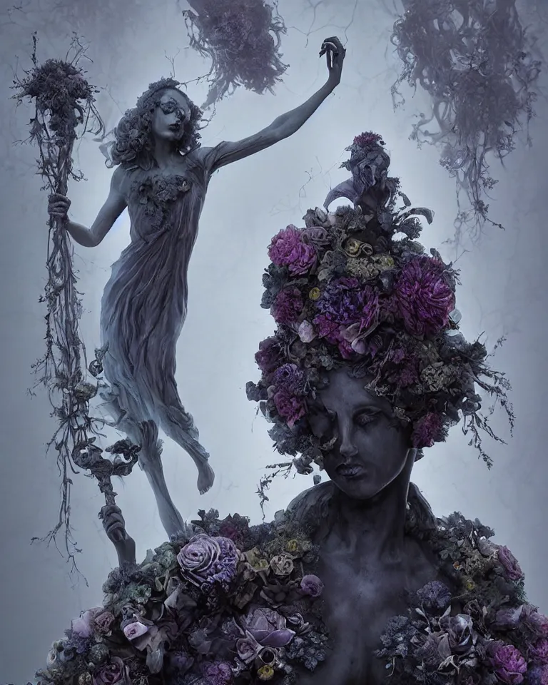 Image similar to portrait of a gothic cemetery statue made of mist and flowers, cosmic horror, mutating into mist, cinematic lightning, Andrew Ferez, Charlie Bowater, Marco Mazzoni, Seb McKinnon, Ryohei Hase, Alberto Seveso, Kim Keever, trending on cgsociety, featured on zbrush central, new sculpture, mystical