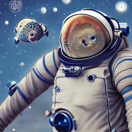 Image similar to !dream a pufferfish in a astronaut suit, 3d, sci-fi fantasy, intricate, elegant, highly detailed, lifelike, photorealistic, digital painting, artstation, illustration, concept art, sharp focus, art in the style of Shigenori Soejima