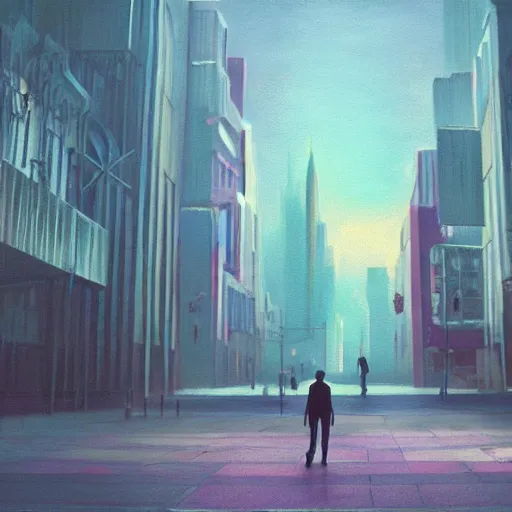 Image similar to a surreal pastel painting with a tilt - shift effect of a man walking through a science fiction - based city, dramatic lighting, depth of field, dreamy