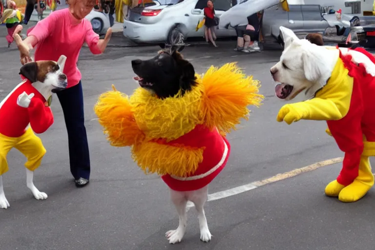 Prompt: dog dancing with ronald mcdonald