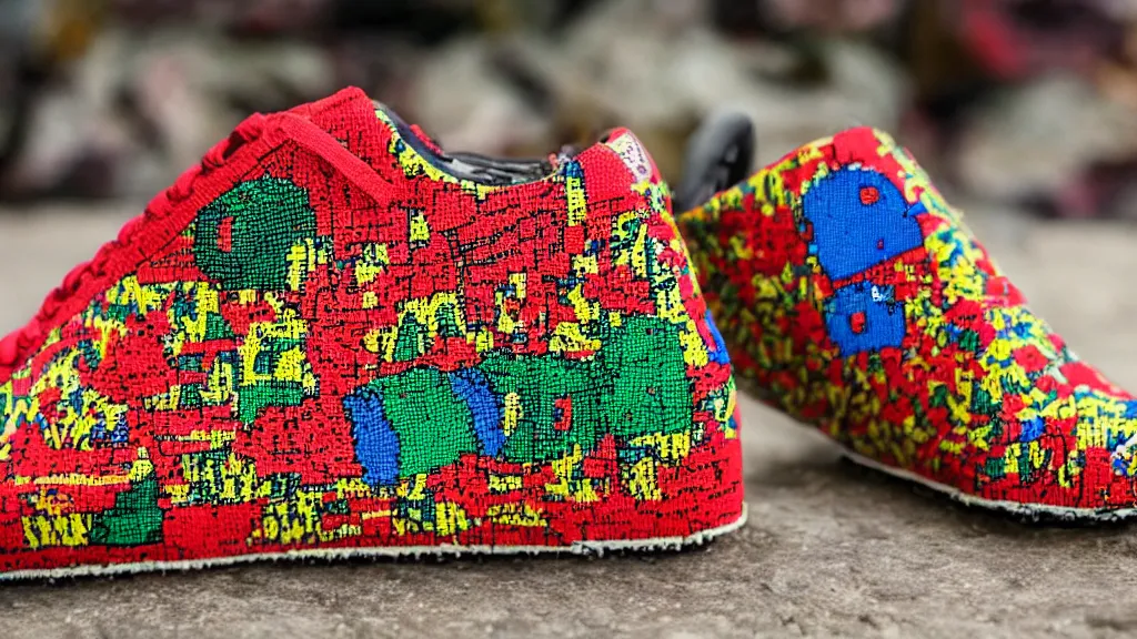 Image similar to sneaker made out of lego, kalamkari