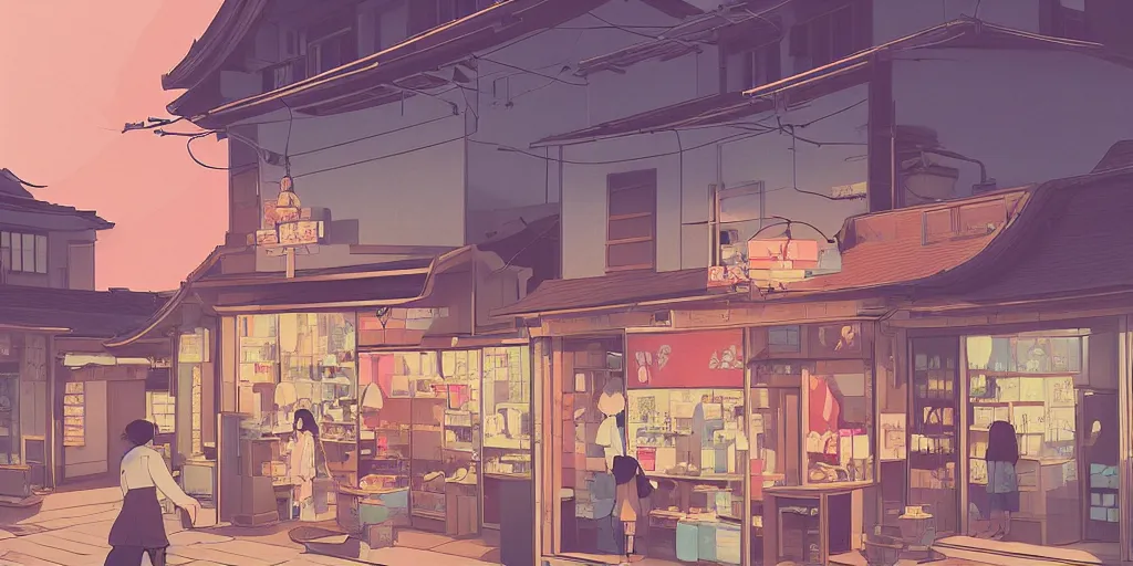 Image similar to beautiful illustration of a small shop window in kyoto on a beautiful sunset, anime manga style, aesthetic, cory loftis, james gilleard, atey ghailan, makoto shinkai, goro fujita, studio ghibli, makoto shinkai, view isometric drone