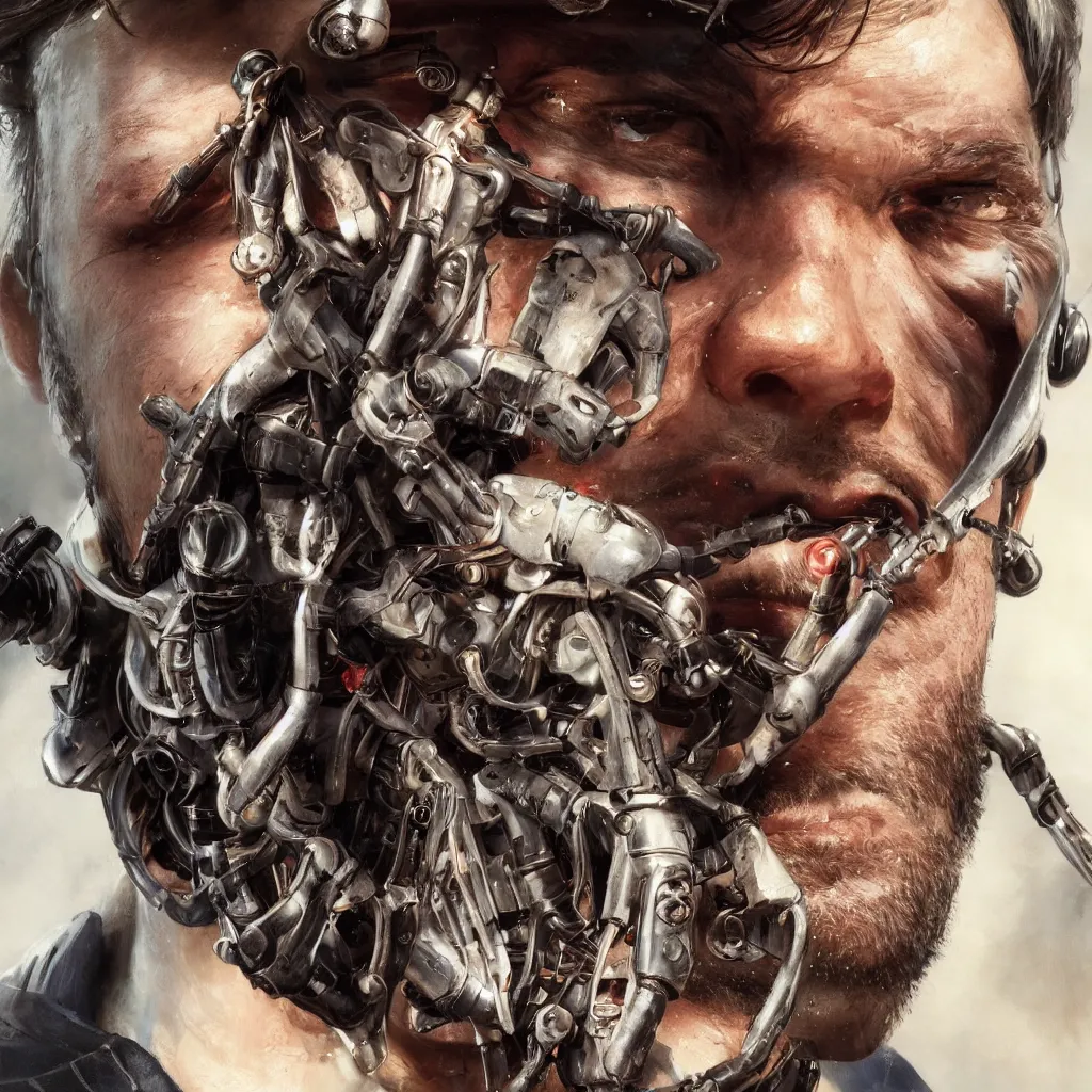 Image similar to a single close-up portrait of Arthur Morgan from Red Dead Redemption as a cyborg, barely human and largely biomechanical machine, hyper-realistic cyberpunk style, Peter Mohrbacher Takayuki Takeya moody, face by Yanjun Cheng, Irakli Nadar, dramatic cinematic lighting rendered by octane, 8k, detailed, intricate, clean and textures, trending on artstation, deviantart google images, pinterest