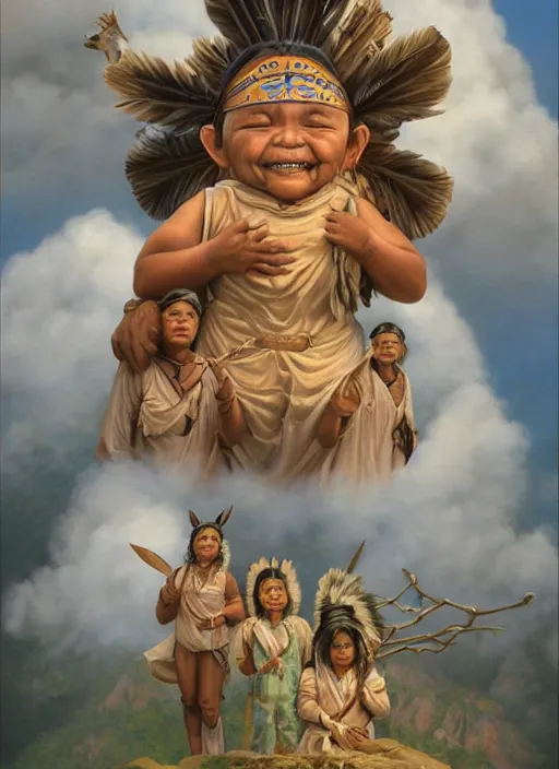 Image similar to faces of indigenous amazonian grandfathers and grandmothers spirits in the clouds, smiling, benevolence, ancestors, detailed faces, art by christophe vacher