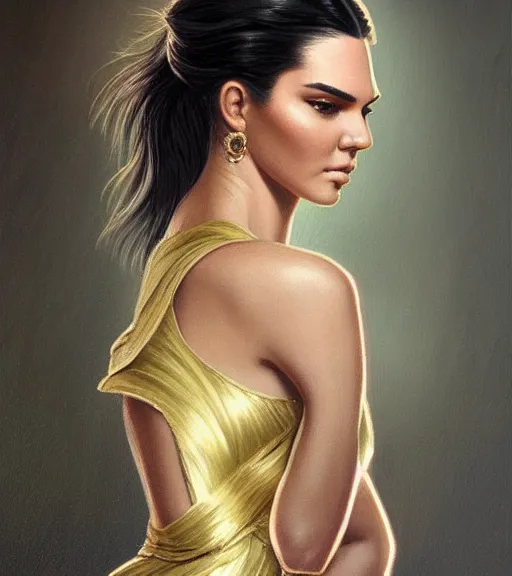 Prompt: kendall jenner wearing a golden dress, grey hair, red necktie, cinematic, stunning, highly detailed, digital painting, artstation, smooth, hard focus, full body shot, illustration, art by artgerm and greg rutkowski and alphonse mucha