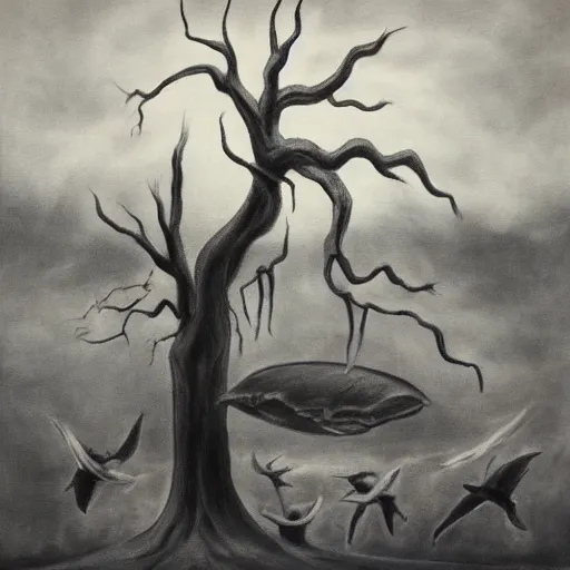 Image similar to surrealism charcoal painting of the end of the world., horror,