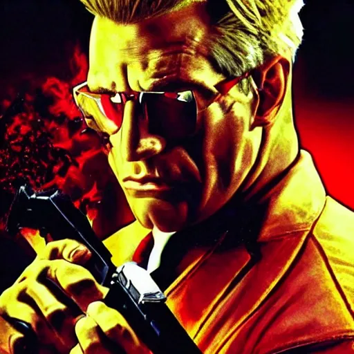 Image similar to duke nukem as the american psycho, staring intensely, duke nukem art style, explosive background, cinematic still