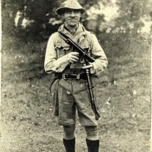 Image similar to old wartime photograph of shaggy holding a lewis gun, 1 9 1 7