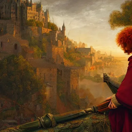 Image similar to a rugged man with curly red hair wearing a green cloak playing a lute sitting on a roof top, medieval setting, entire city visible, zoomed out, night, atmospheric lighting, painted, intricate, volumetric lighting, beautiful, rich deep colours masterpiece, golden hour, digital art