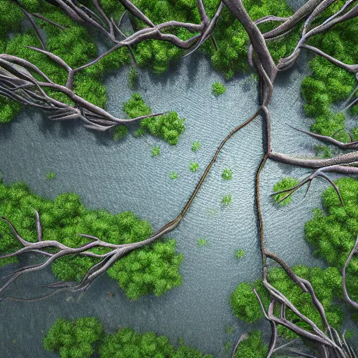 Prompt: Mangrove swamp tangled mangrove roots, view from above. Ground texture asset for D&D. Matte painting, simple style, game asset