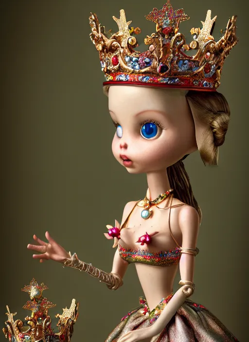 Image similar to highly detailed closeup, profile portrait of a tin toy fairytale princess wearing a crown, bikini, unreal engine, nicoletta ceccoli, mark ryden, earl norem, lostfish, global illumination, detailed and intricate environment