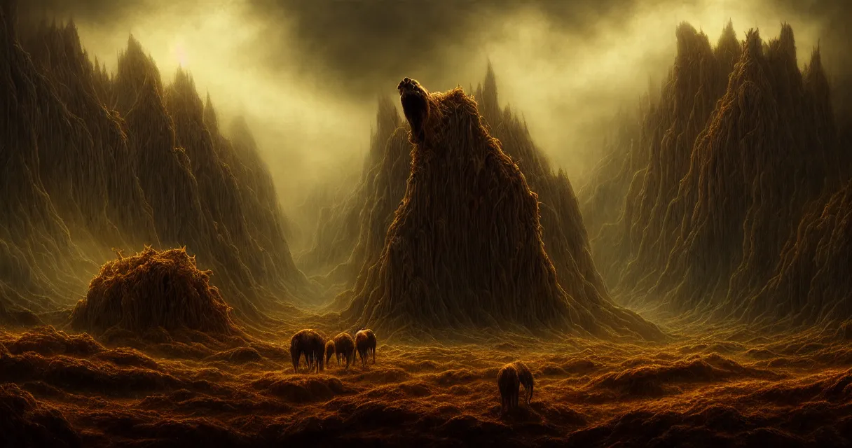 Image similar to epic professional digital art of startling hungry landscape, faint golden moody atmospheric lighting, painted, intricate, detailed, detailed, foreboding, by leesha hannigan, wayne haag, reyna rochin, ignacio fernandez rios, mark ryden, iris van herpen,, epic, stunning, gorgeous, much wow, cinematic, masterpiece.