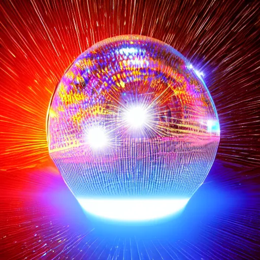 Prompt: render of an ultrarealistic photograph of a very clear and crystal disco ball with a high - powered laser shooting light into the disco ball and dispersing full spectrum light beautifully onto the surrounding surfaces, light dispersion, light effects, 3 d render, octane render, luxcore render, visual caustics, light dispersion, 8 k