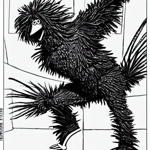 Prompt: big bird from sesame street, style of kentaro miura!!!!, black and white, undead