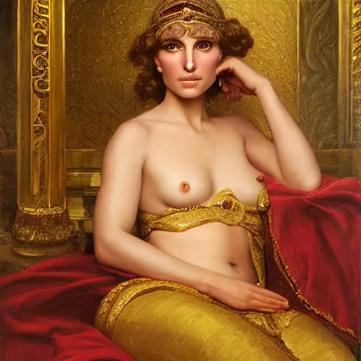 Image similar to beautiful_golden_portrait_of_a_Natalie_Portman_a s_Grand Odalisque_intricate_oil_paintingby Jo hn_William_Godward_by_Anna_Dittman_by J-H 768-C9.0