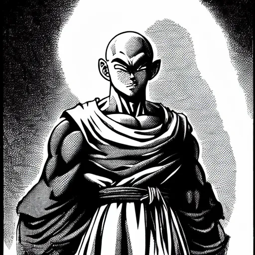 Prompt: franklin booth illustration of tien from dragon ball z