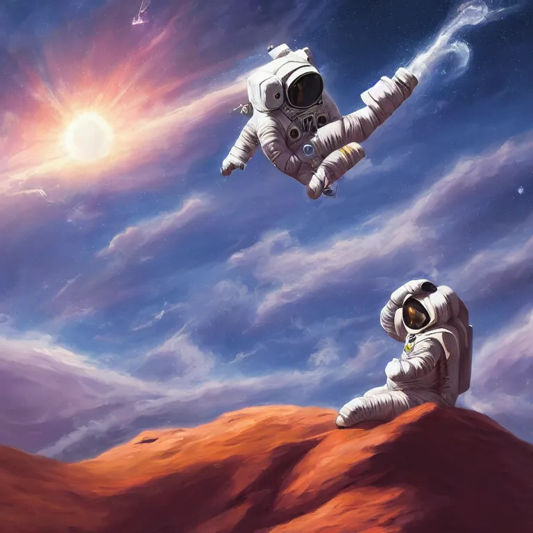 Prompt: An astronaut flies sitting on a rocket, trending on artstation, by Noah Bradley