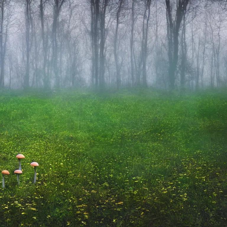 Image similar to a planet of various fungus like trees, mushrooms, flowers and plants, artistic photography, conceptual, long exposure outside the city, volumetric light