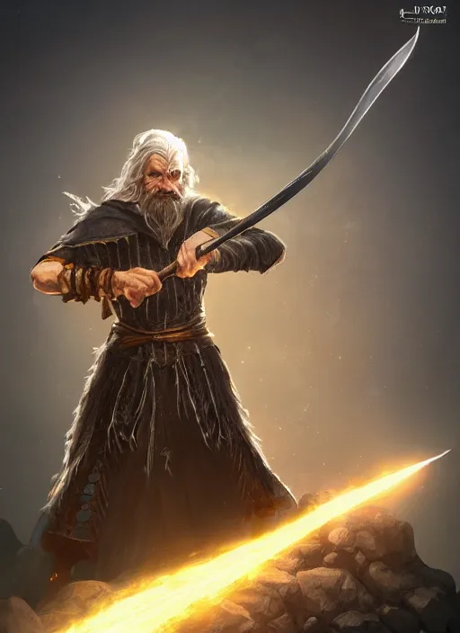 Image similar to ultra detailed fantasy wizard wielding a rod, dnd character portrait, full body, dnd, rpg, lotr game design fanart by concept art, behance hd, artstation, deviantart, global illumination radiating a glowing aura global illumination ray tracing hdr render in unreal engine 5