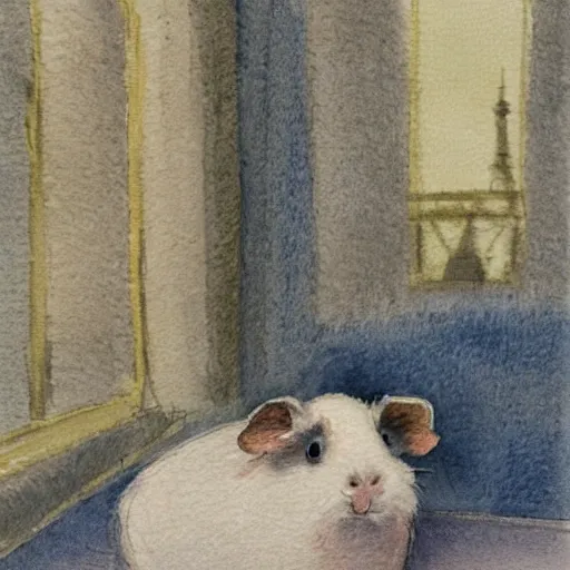 Prompt: a guinea pig sitting in a cafe in paris, it's evening, the eiffel tower is visible in the background, watercolour realism