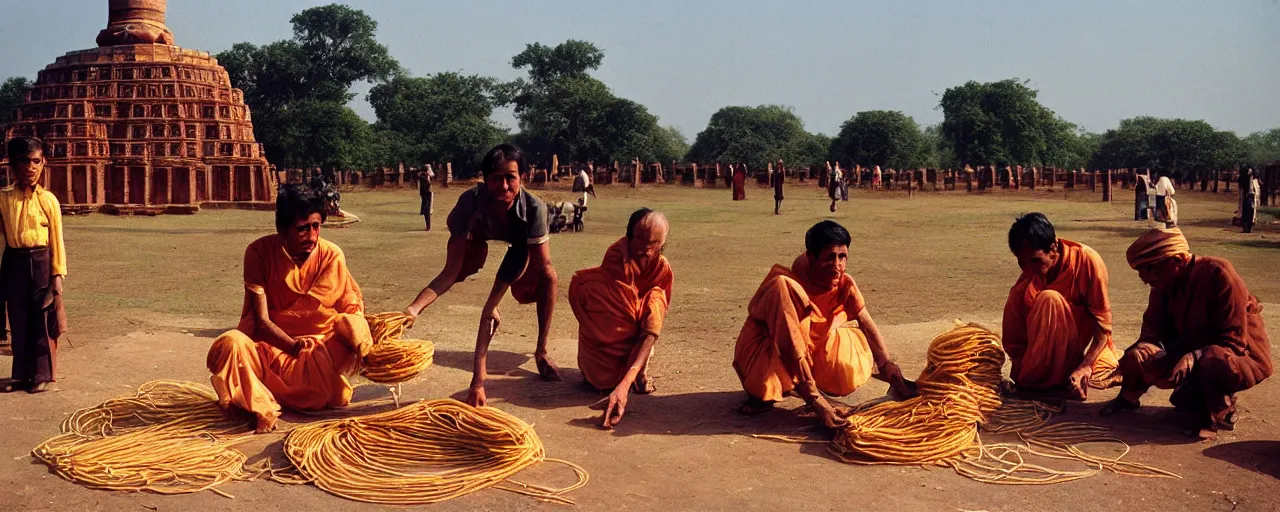 Prompt: people offering spaghetti at sanchi stupa, ancient india, canon 5 0 mm, kodachrome, in the style of wes anderson, retro