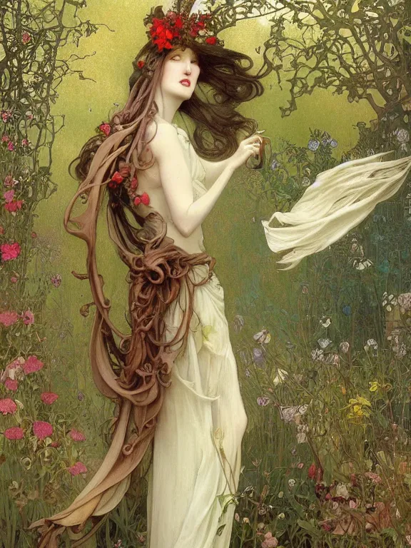 Prompt: female grim reaper dancing in the garden by mucha and jimmy lawlor and anna dittmann