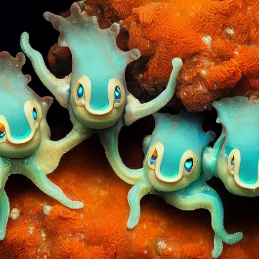 Image similar to close-up of a sea slug looking like fantasy characters with faces in its habitat, trending on artstation