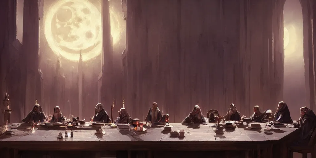 Image similar to A meeting of the council of elders, robed figures sat around a table, beautiful architecture, night time, stars visible, beautiful moon light, concept art, fantasy art, painted by Greg Rutkowski, trending on artstation