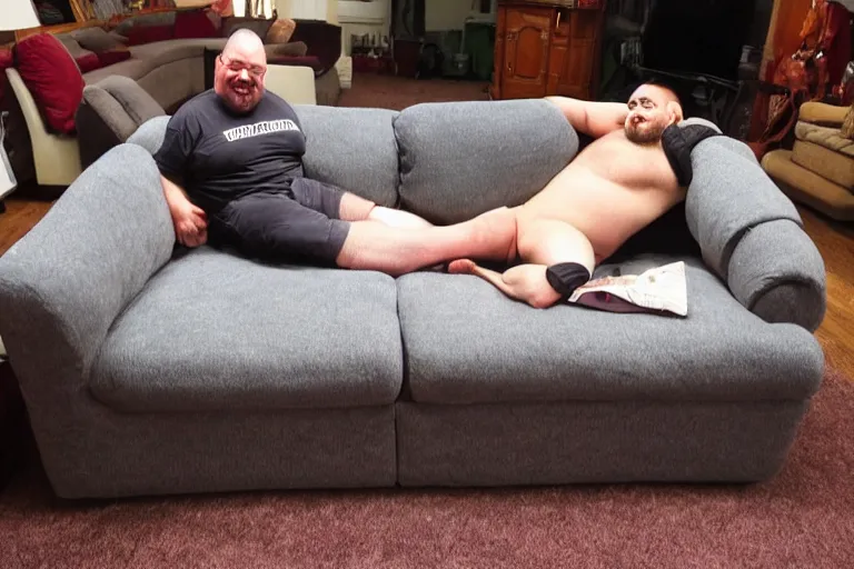 Prompt: 6 0 0 pound dwarf fusing to his couch