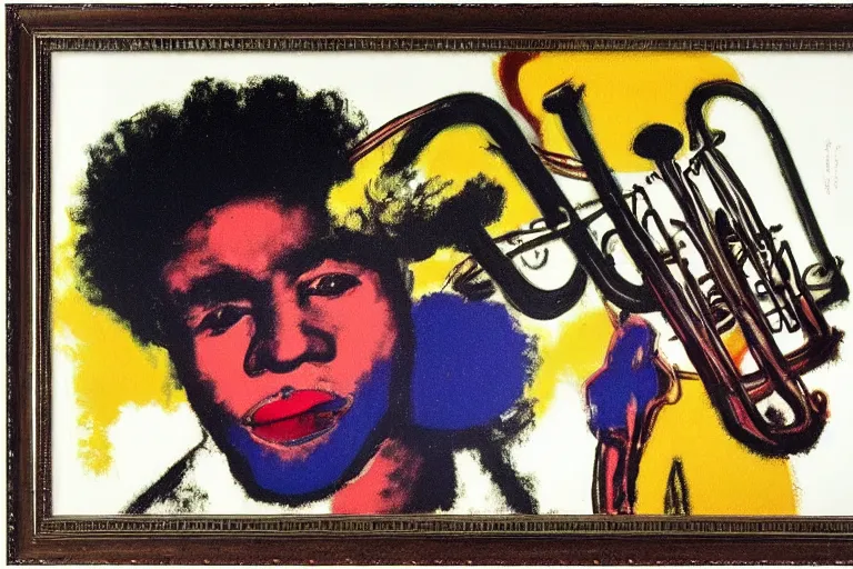 Prompt: afroamerican trumpet jazzist by andy warhol and cezanne, loose brush strokes, high contrast, thick oil painting