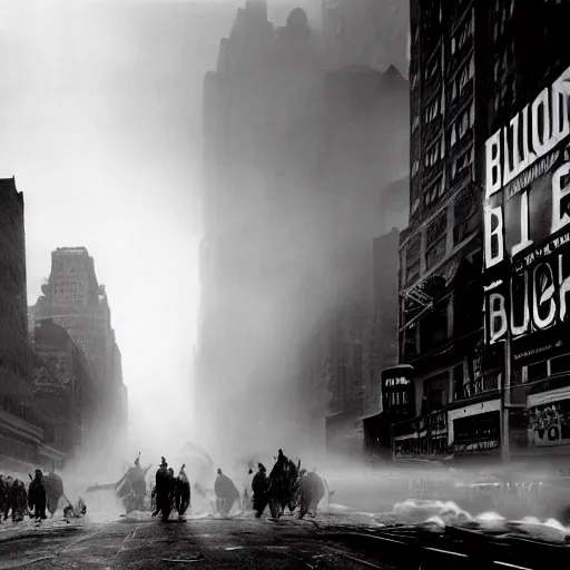 Image similar to old black and white photo, 1 9 1 3, depicting a giant alien kaiju monster rampaging through the bustling streets of new york city, historical record, volumetric fog