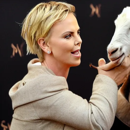 Image similar to Charlize Theron being mad at a goat, close-up of her face