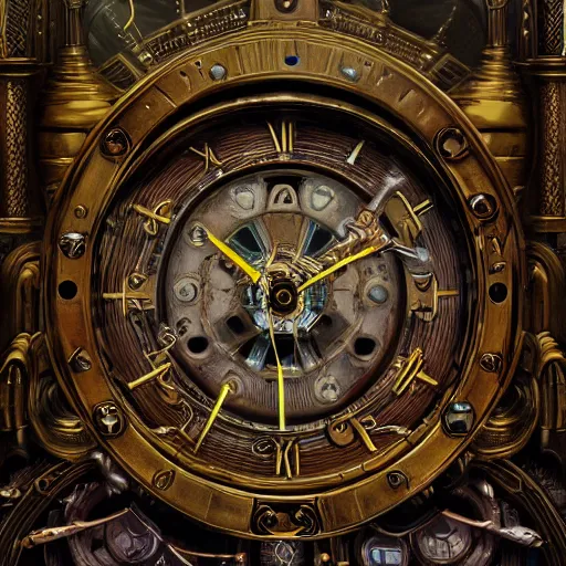 Prompt: clock, hands of time, arcane magic clockwork, steampunk in the style of michael whelan and gustave dore. hyperdetailed photorealism by greg rutkowski. 1 0 8 megapixels, 3 d finalrender, cinematic lighting
