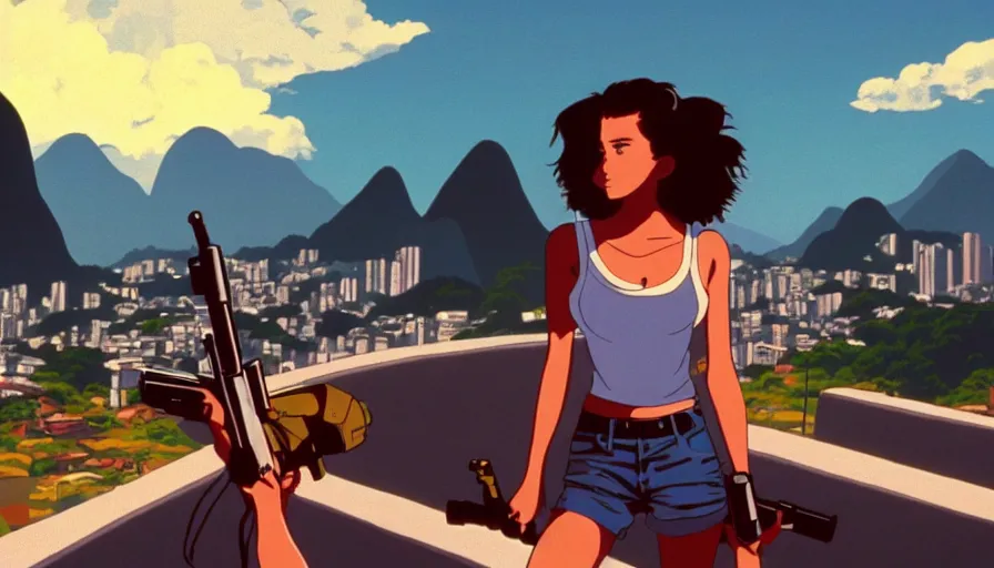 Prompt: 1 9 8 6 movie screencap of a girl with a gun on a rio de janeiro, gucci clothes, studio ghibli sky, beautiful favela background extremely utra high quality artwork 8 k