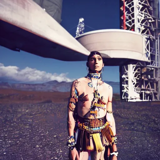 Prompt: portrait of iroquois warrior standing in front of a space ship command center, fashion editorial photography, waist up, low angle