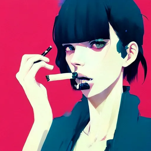 Image similar to a ultradetailed beautiful portait panting of a stylish woman with a cigarette in her mouth, by conrad roset, greg rutkowski and makoto shinkai, trending on artstation